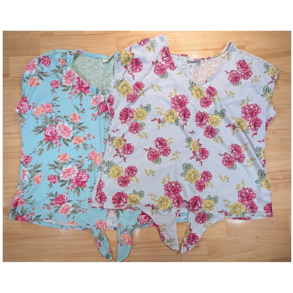 Bobbie Brooks Plus Size 3X Floral Tie Front Lace Back Top 2 Pack Blue White